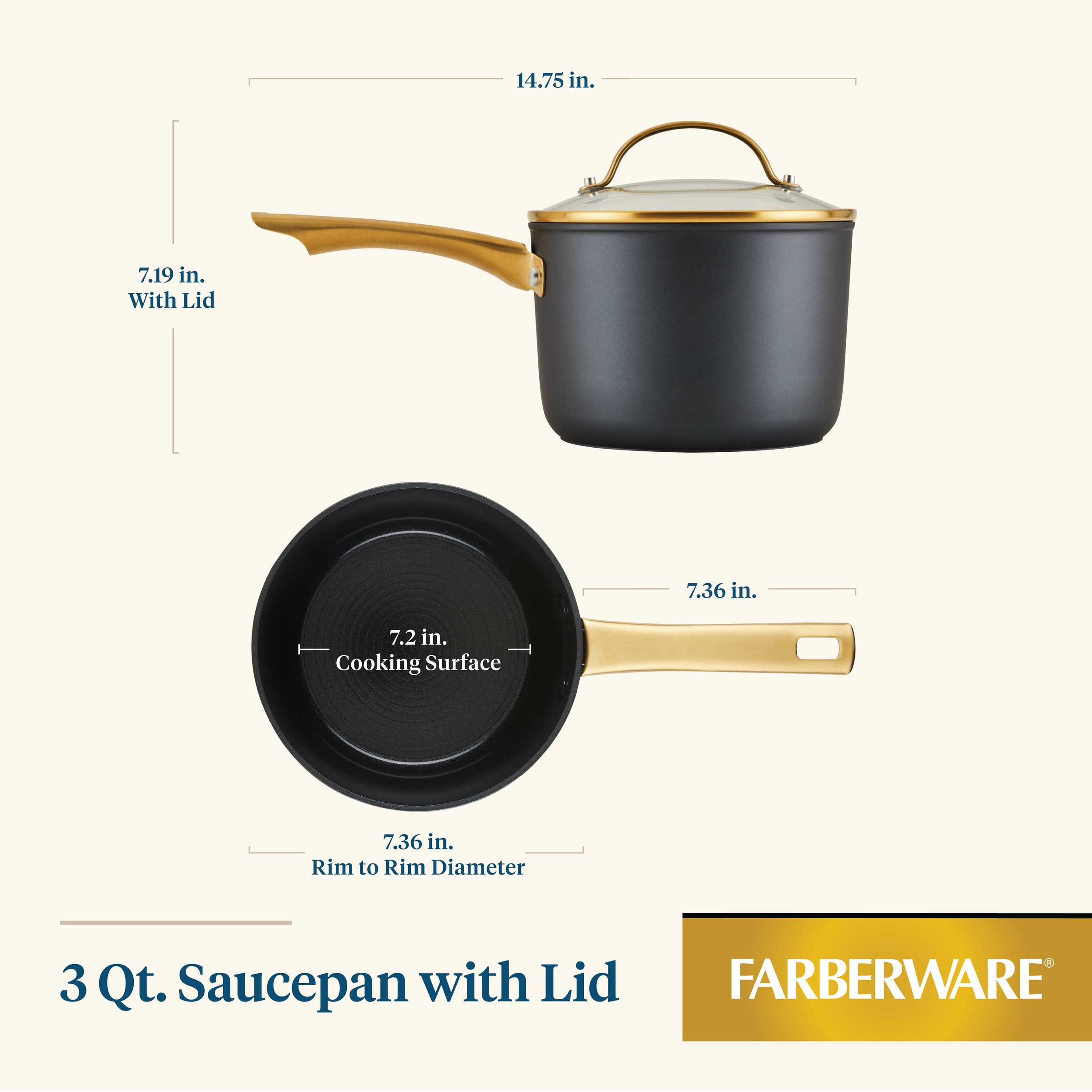 Image of a Forged Induction Ceramic 3-Quart Sauce Pan With Lid, featuring a golden handle and precise measurements. Made from durable forged aluminum, it has a steel base for even heat distribution and is induction-ready with a nonstick ceramic surface for easy cooking and cleaning.