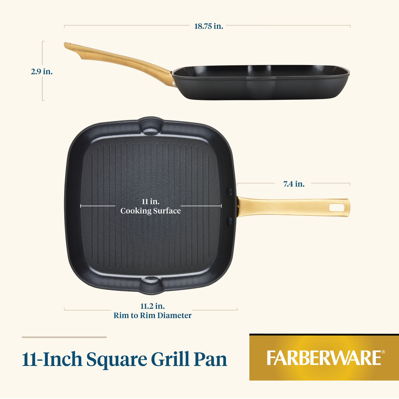 Diagram depicting the Forged Induction Ceramic 11-Inch Square Grill Pan, highlighting its measurements, forged aluminum construction, and induction-compatible ceramic nonstick surface.