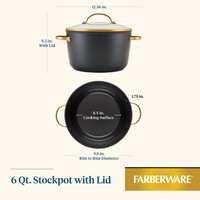 The Forged Induction Ceramic 6-Quart Stockpot With Lid, crafted from high-quality forged aluminum and detailed with its versatile dimensions, is designed to be induction-ready for enhanced cooking performance.