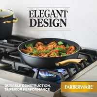 A 12.25-Inch Stir-Fry Pan with Helper Handle on a gas stove cooking food.