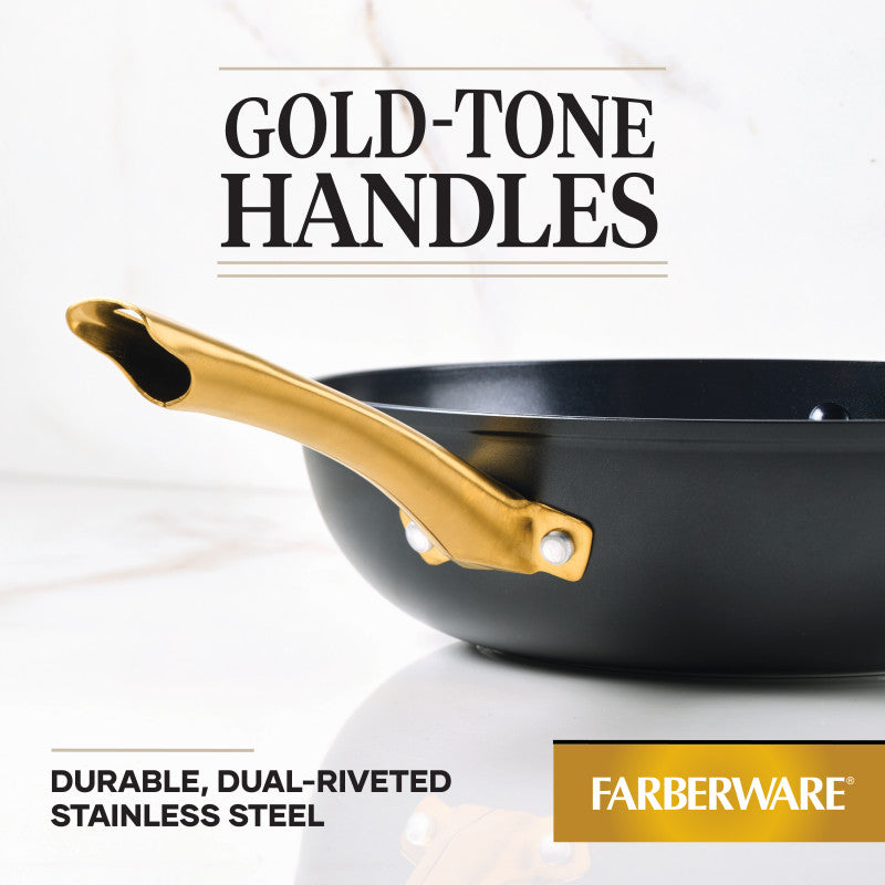 12.25-Inch Stir-Fry Pan with gold handle, forged aluminum & induction-ready.