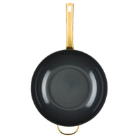 12.25-Inch Stir-Fry Pan with gold handle, black ceramic nonstick, top view.