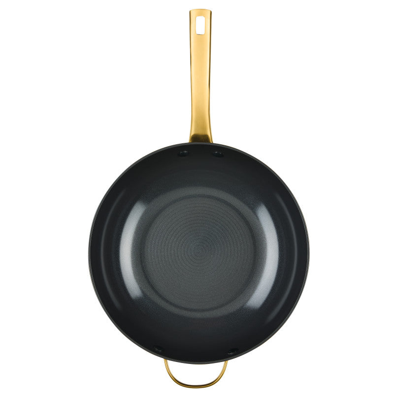 12.25-Inch Stir-Fry Pan with gold handle, black ceramic nonstick, top view.