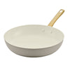 White Forged Induction 12.25-Inch Frying Pan with gold handle, ceramic nonstick.