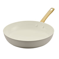 White Forged Induction 12.25-Inch Frying Pan with gold handle, ceramic nonstick.