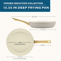 An infographic for the taupe 12.25-Inch Forged Induction Deep Frying Pan displays a total length of 19.21 inches and a rim-to-rim diameter of 12.2 inches. The cooking surface measures 12 inches in diameter, while the handle is 7.09 inches long.
