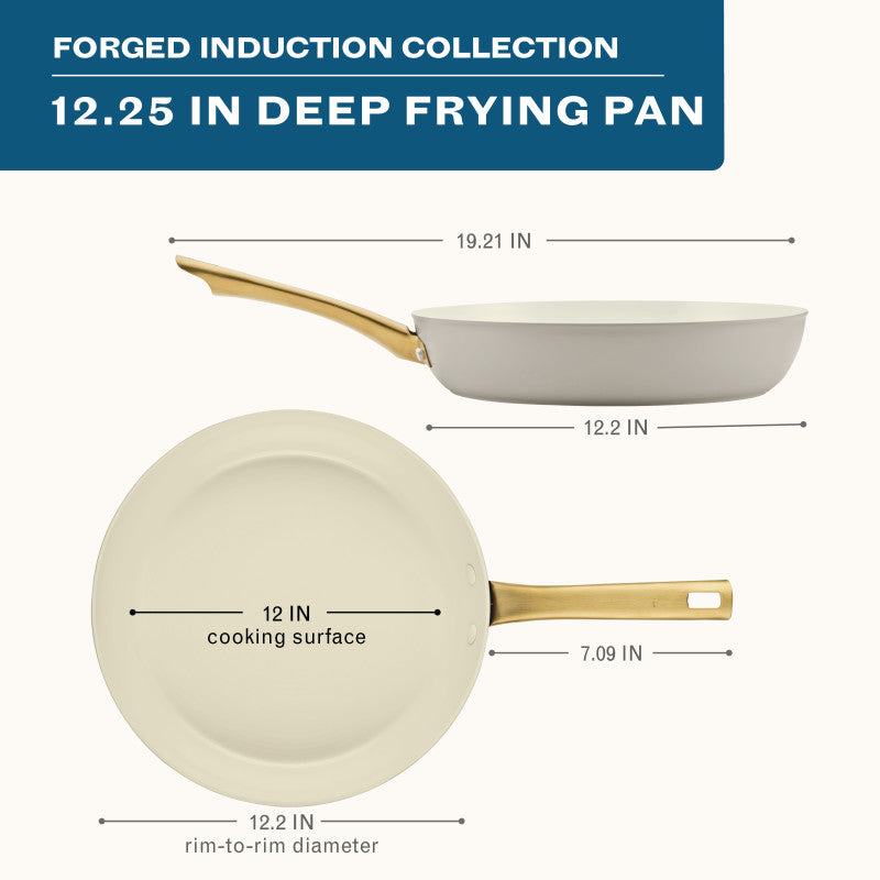 An infographic for the taupe 12.25-Inch Forged Induction Deep Frying Pan displays a total length of 19.21 inches and a rim-to-rim diameter of 12.2 inches. The cooking surface measures 12 inches in diameter, while the handle is 7.09 inches long.
