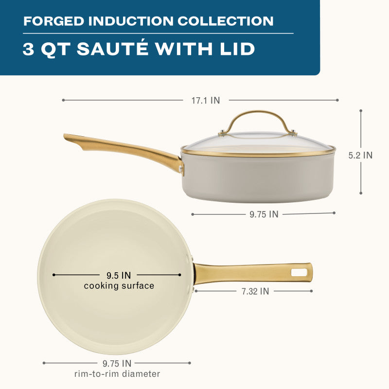Forged Induction 3-Quart Saute Pan with lid, ceramic nonstick, gold handle.