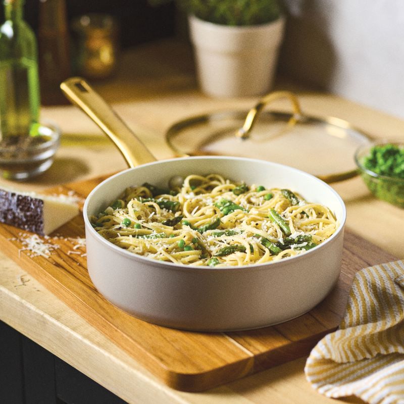 Spaghetti with greens cooks in a Forged Induction 3-Quart Saute Pan.