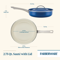 The 2.75 Quart Ceramic Nonstick Saute Pan with Lid showcases its striking blue color and branded Farberware design, complete with labeled dimensions. Experience its modern elegance while benefiting from the durable cookware, which features a healthy ceramic nonstick surface for easy cooking and hassle-free cleanup.