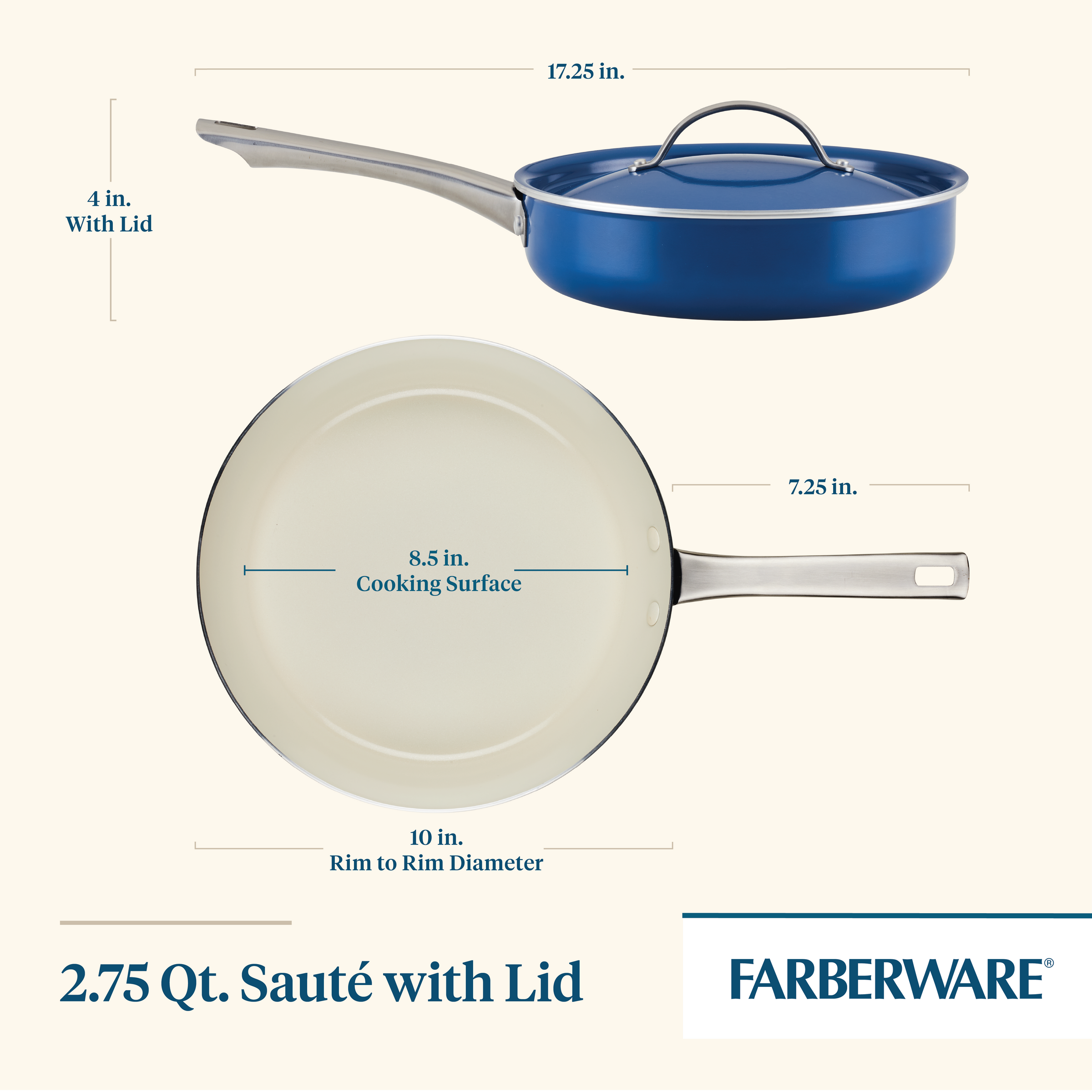 The 2.75 Quart Ceramic Nonstick Saute Pan with Lid showcases its striking blue color and branded Farberware design, complete with labeled dimensions. Experience its modern elegance while benefiting from the durable cookware, which features a healthy ceramic nonstick surface for easy cooking and hassle-free cleanup.