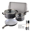 Disney Monochrome 8-Piece Set shown with tray, pots, pan, and kitchen tools.