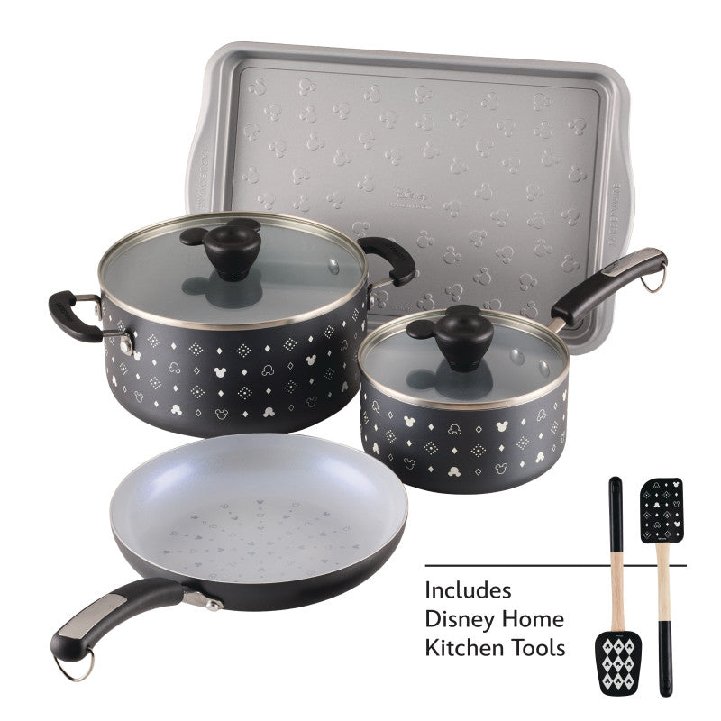 Disney Monochrome 8-Piece Set shown with tray, pots, pan, and kitchen tools.