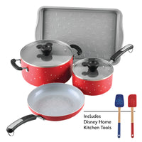 Disney Bon Voyage 8-piece nonstick cookware set with lids and Mickey tools.
