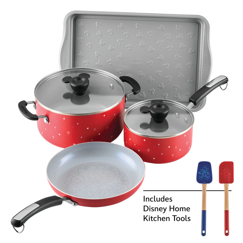 Disney Bon Voyage 8-piece nonstick cookware set with lids and Mickey tools.