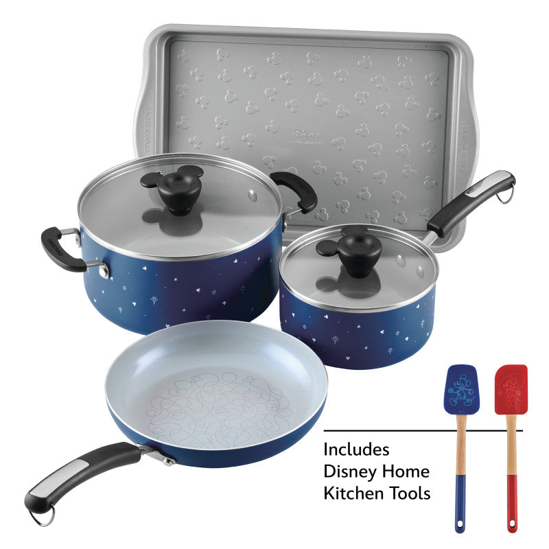 Disney Bon Voyage 8-Piece ceramic nonstick cookware set with pots and pans.