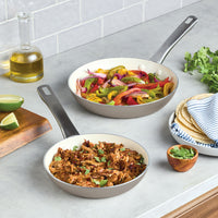 Ceramic Nonstick Frying Pan Twin Pack with fajita veggies and shredded meat.