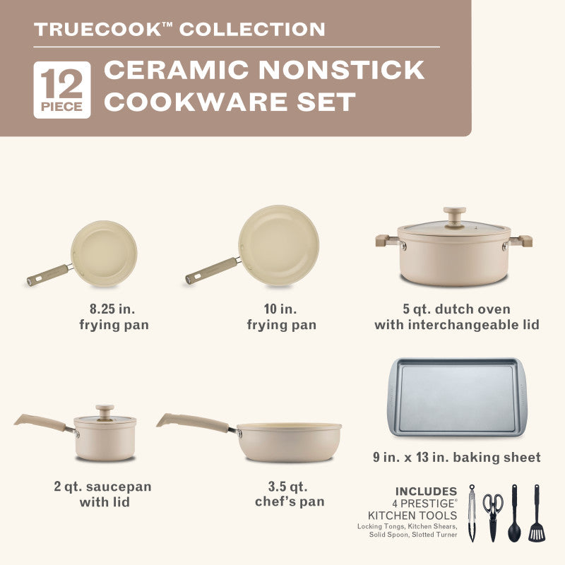 12-Piece Ceramic Nonstick Cookware Set - Taupe