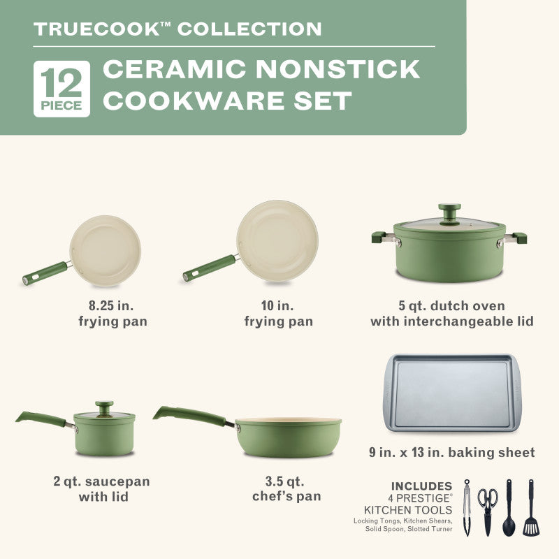 12-Piece Ceramic Nonstick Cookware Set - Olive Green