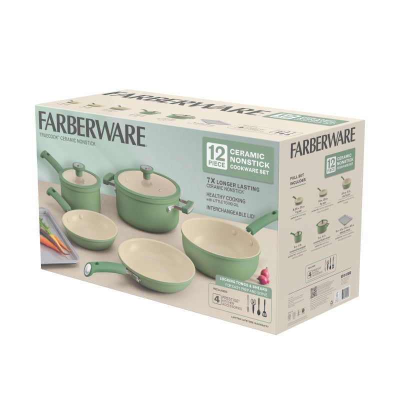 12-Piece Ceramic Nonstick Cookware Set - Olive Green