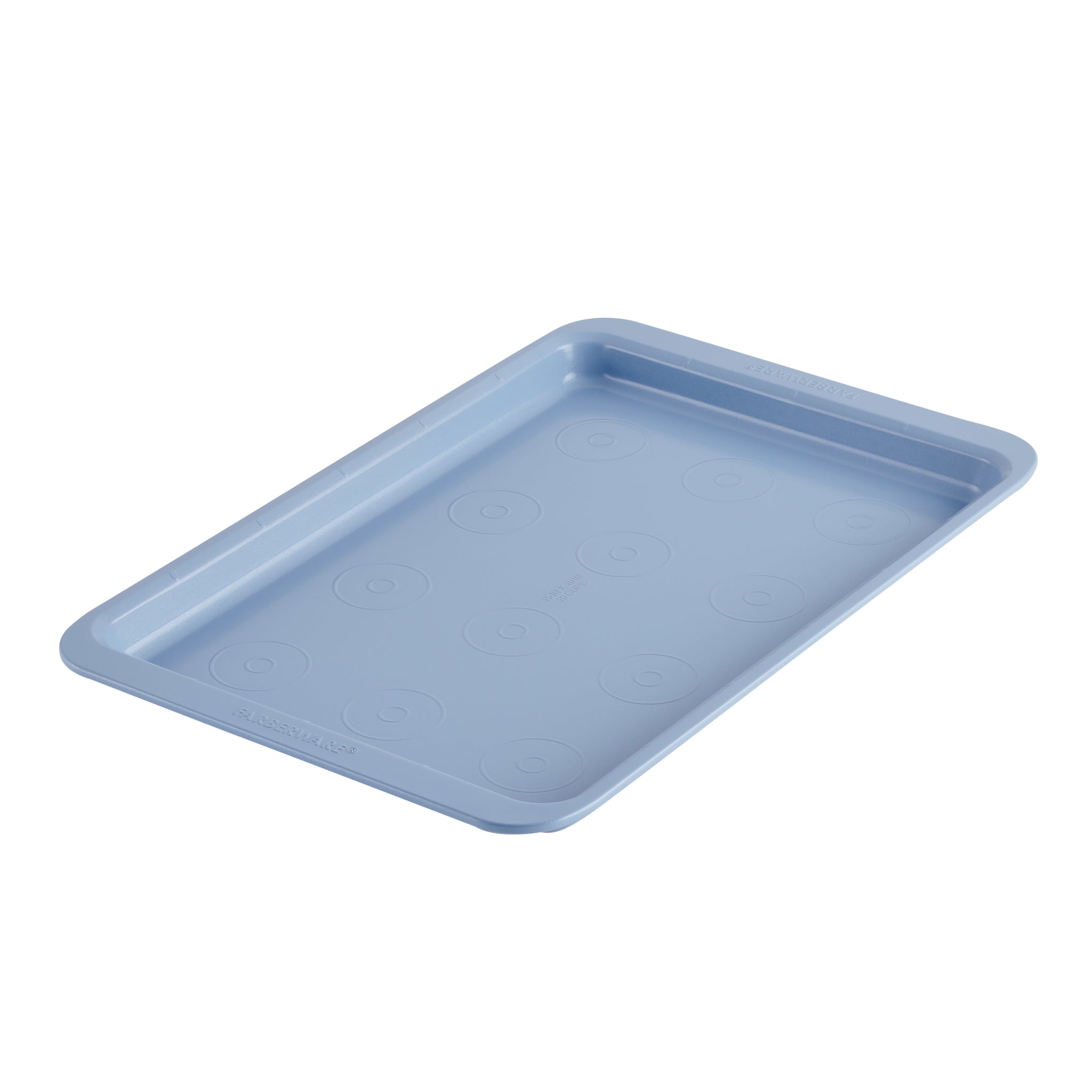 The 10-Inch x 15-Inch Nonstick Baking Sheet comes in a light blue color with raised edges and features a nonstick surface. It's crafted from heavy-duty steel for durability and is dishwasher safe.