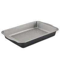 Rectangular metal baking pan with handles on both sides.