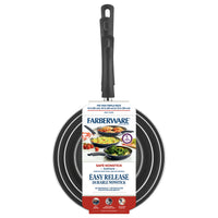 Set of three nonstick frying pans with black handles in packaging.