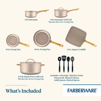 The Radiant Nonstick 12-Piece Cookware Set features a selection of pans, a griddle, a Dutch oven, and essential kitchen tools. Enjoy the even heat distribution and the elegant touch of gold accent handles.