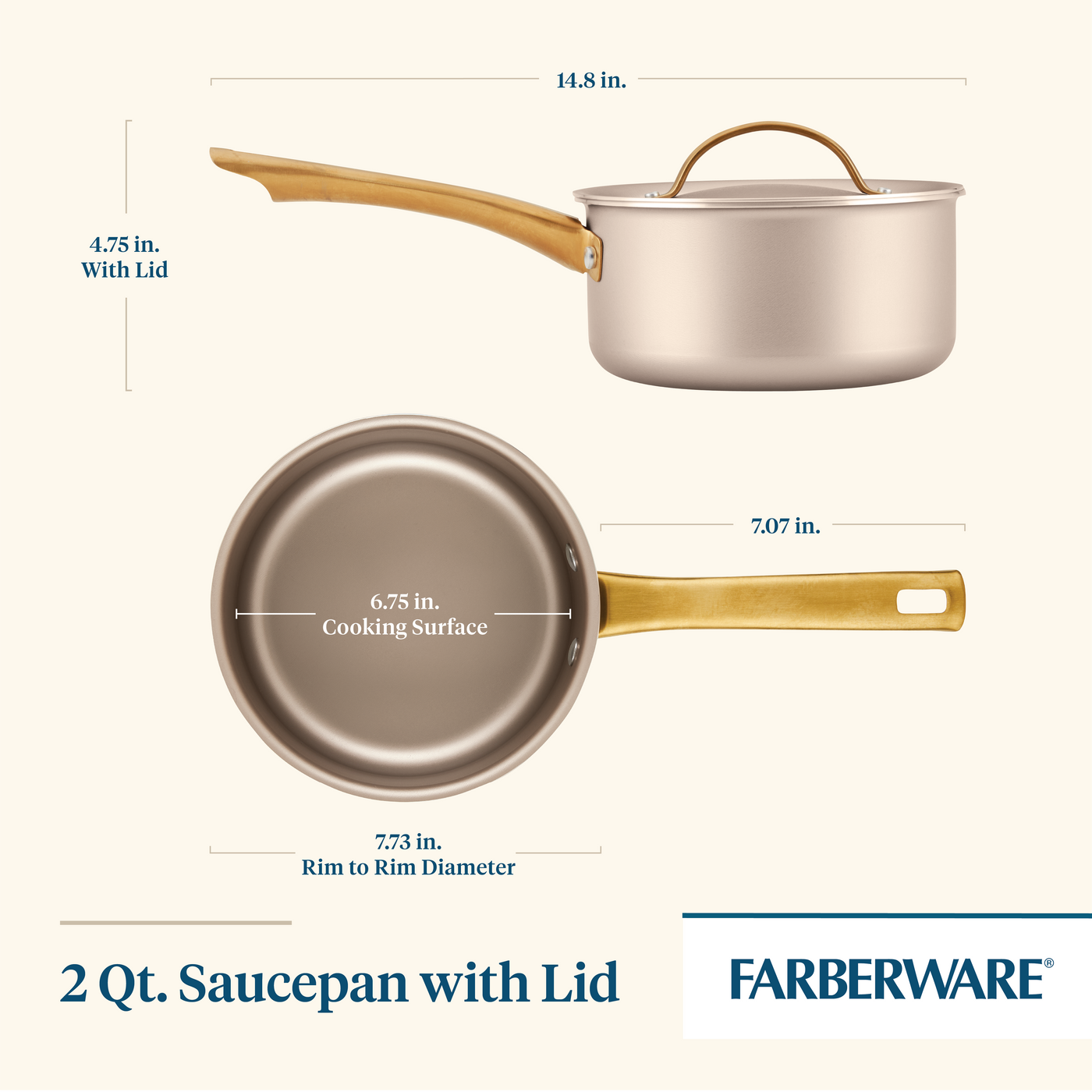 Image depicts the dimensions and views of a Radiant Nonstick 2-Quart Saucepan With Lid from Farberware, emphasizing its excellent heat distribution.