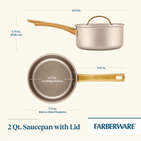 Image depicts the dimensions and views of a Radiant Nonstick 2-Quart Saucepan With Lid from Farberware, emphasizing its excellent heat distribution.