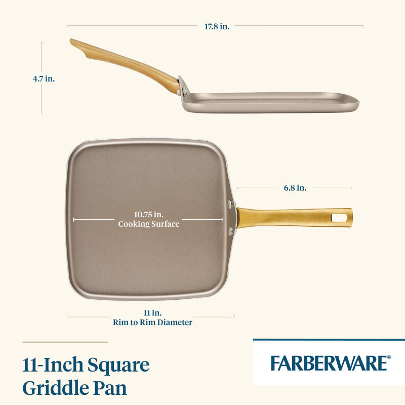 11-Inch Square Griddle Pan in Champagne shown from top and side with dimensions.
