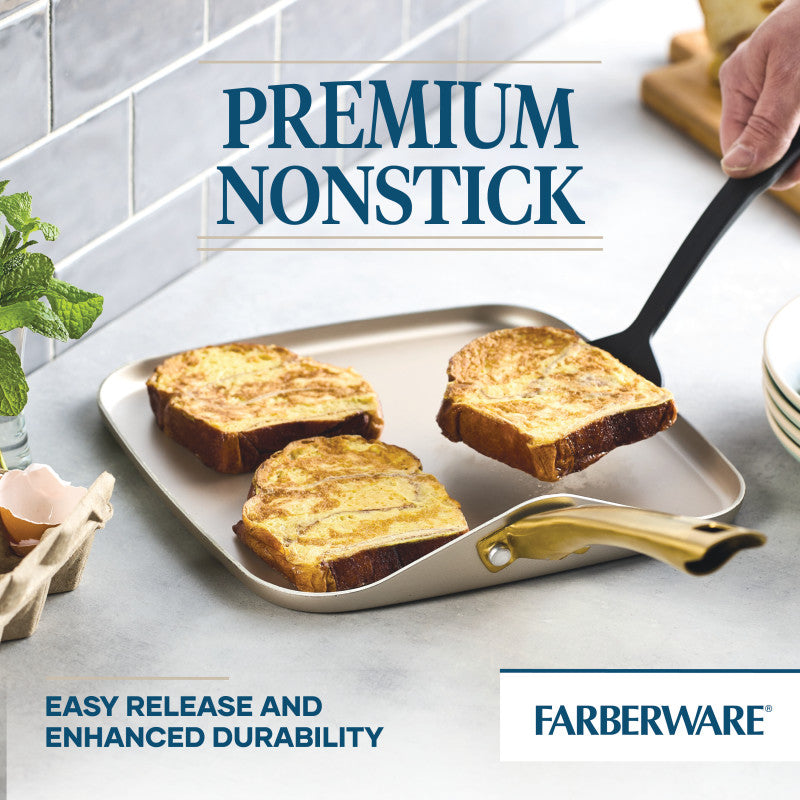 Three slices of French toast cook on an 11-Inch Square Griddle Pan, Champagne.