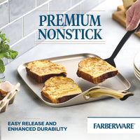 Three slices of French toast cook on an 11-Inch Square Griddle Pan, Champagne.