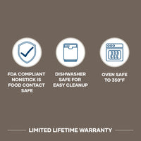 Three icons show the 11-Inch Square Griddle is nonstick, FDA safe, and oven safe to 350°F.