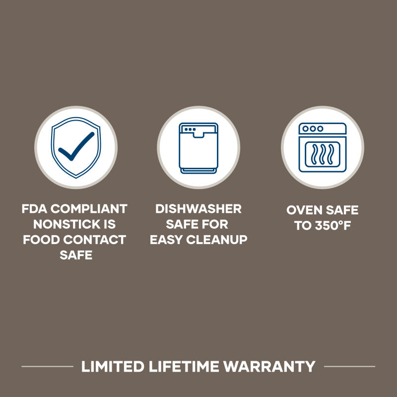 Three icons show the 11-Inch Square Griddle is nonstick, FDA safe, and oven safe to 350°F.