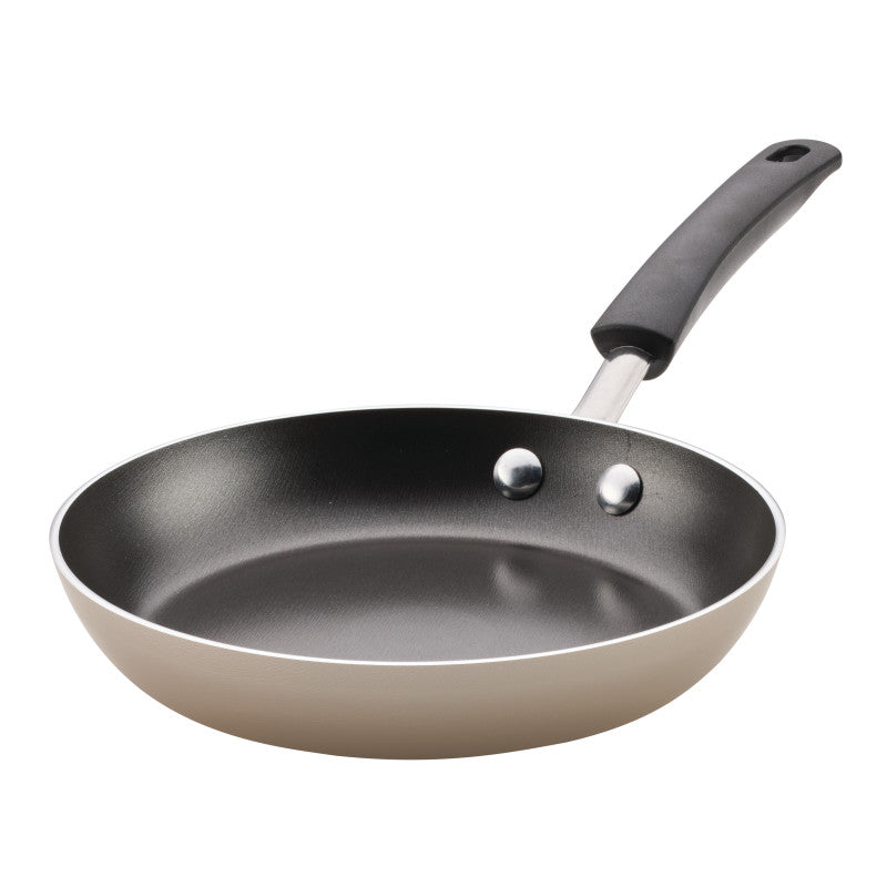 Dishwasher-safe 8-Inch Frying Pan heats fast, black handle, white background.