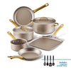 The Radiant Nonstick 12-Piece Cookware Set, featuring pots and pans with gold accent handles, ensures even heat distribution for optimal cooking results.
