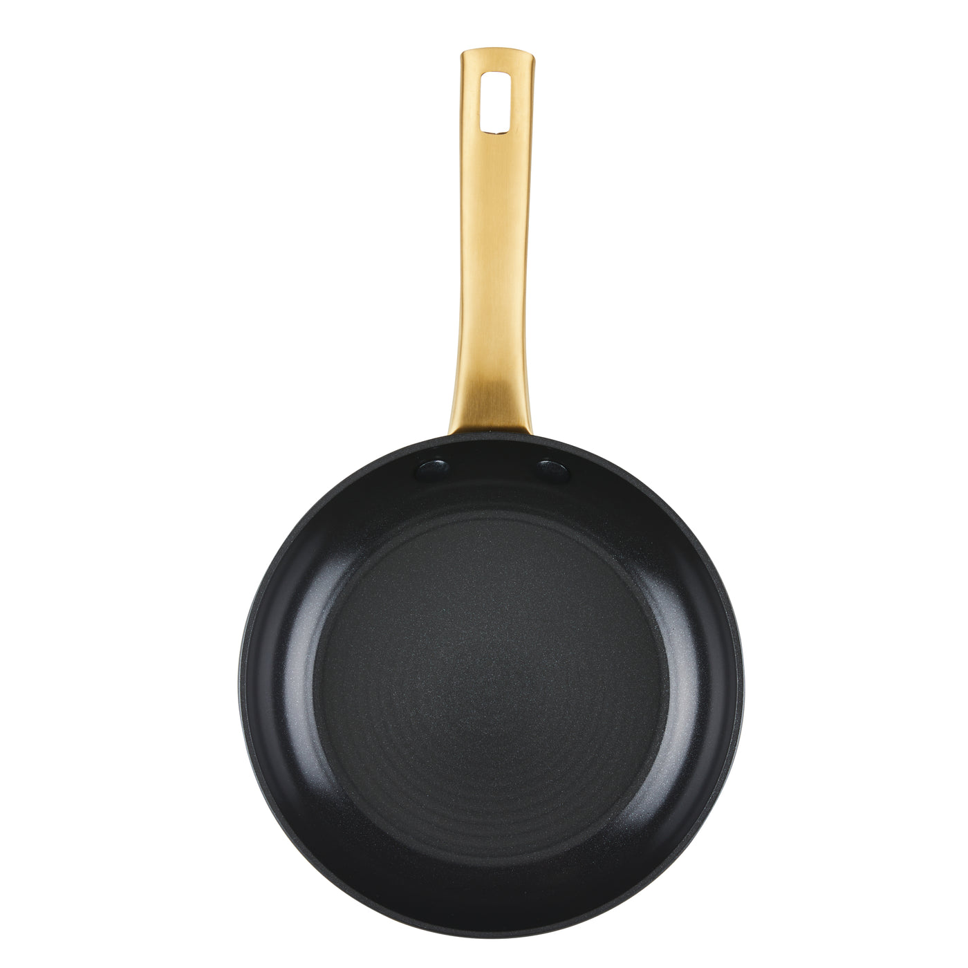Forged Induction Ceramic 8.25-Inch Frying Pan observed from above, showcasing a black design with a golden handle, made from forged aluminum and equipped with a ceramic nonstick surface.