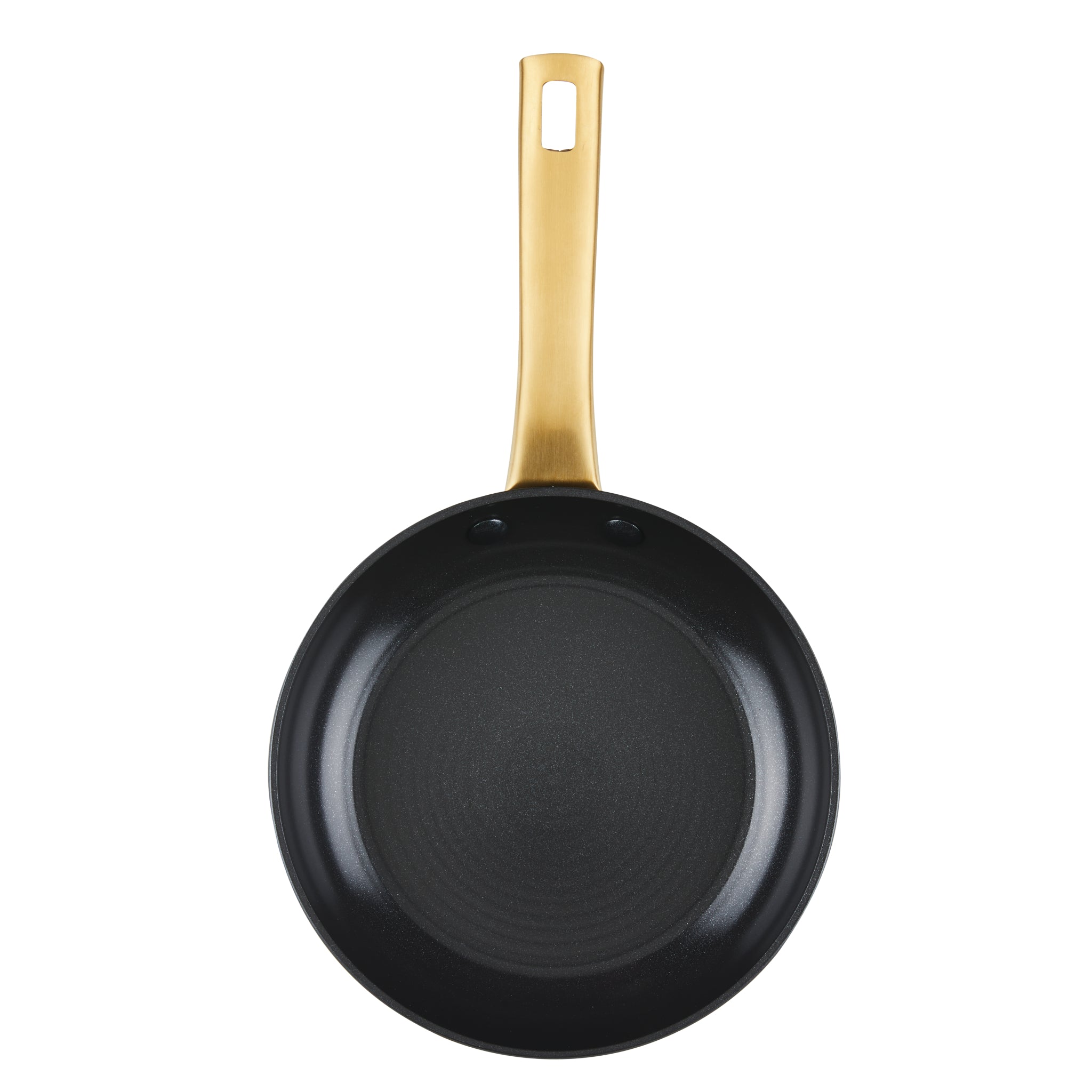 Forged Induction Ceramic 8.25-Inch Frying Pan observed from above, showcasing a black design with a golden handle, made from forged aluminum and equipped with a ceramic nonstick surface.