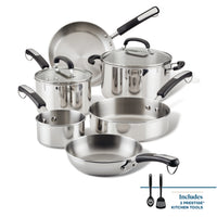 Explore the 10-Piece Stainless Steel Cookware Set from Farberware, offering a versatile collection of pots and pans accompanied by two essential kitchen tools for your culinary adventures.