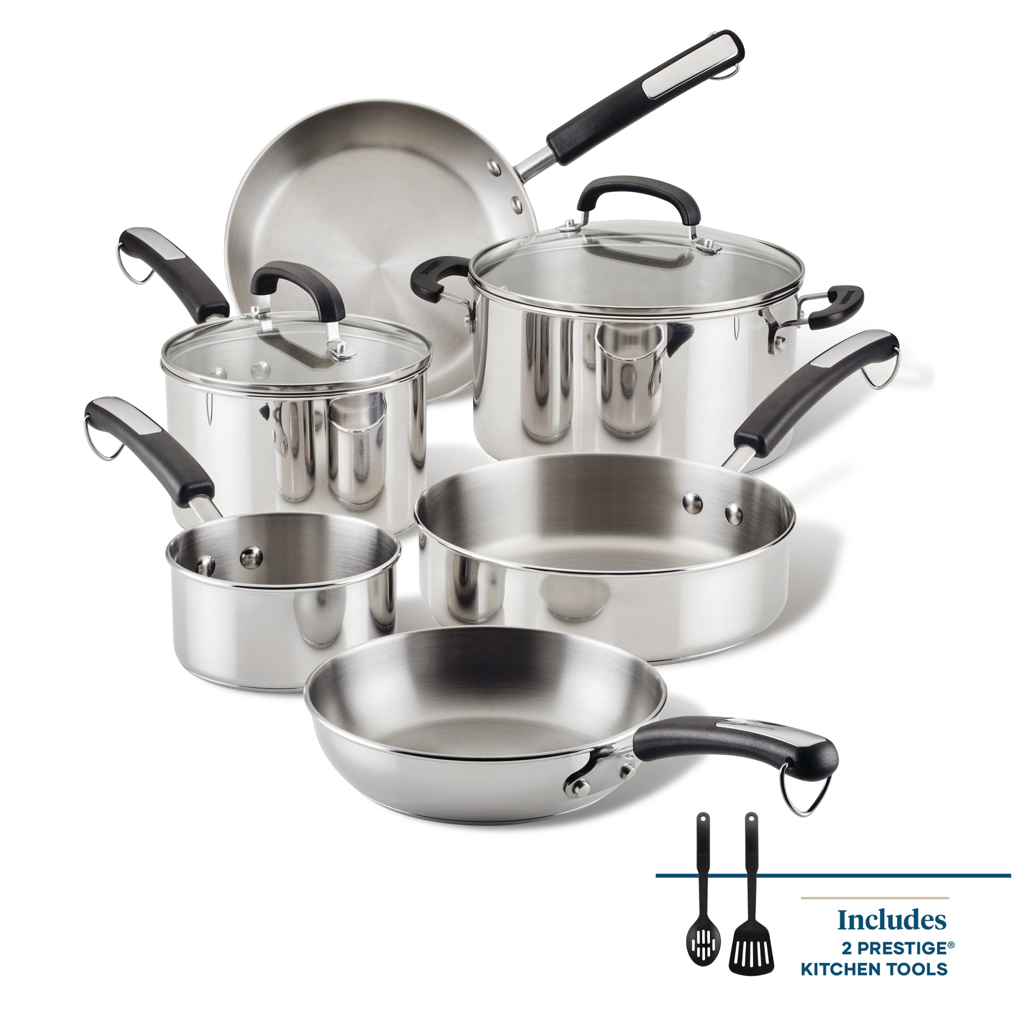 Explore the 10-Piece Stainless Steel Cookware Set from Farberware, offering a versatile collection of pots and pans accompanied by two essential kitchen tools for your culinary adventures.