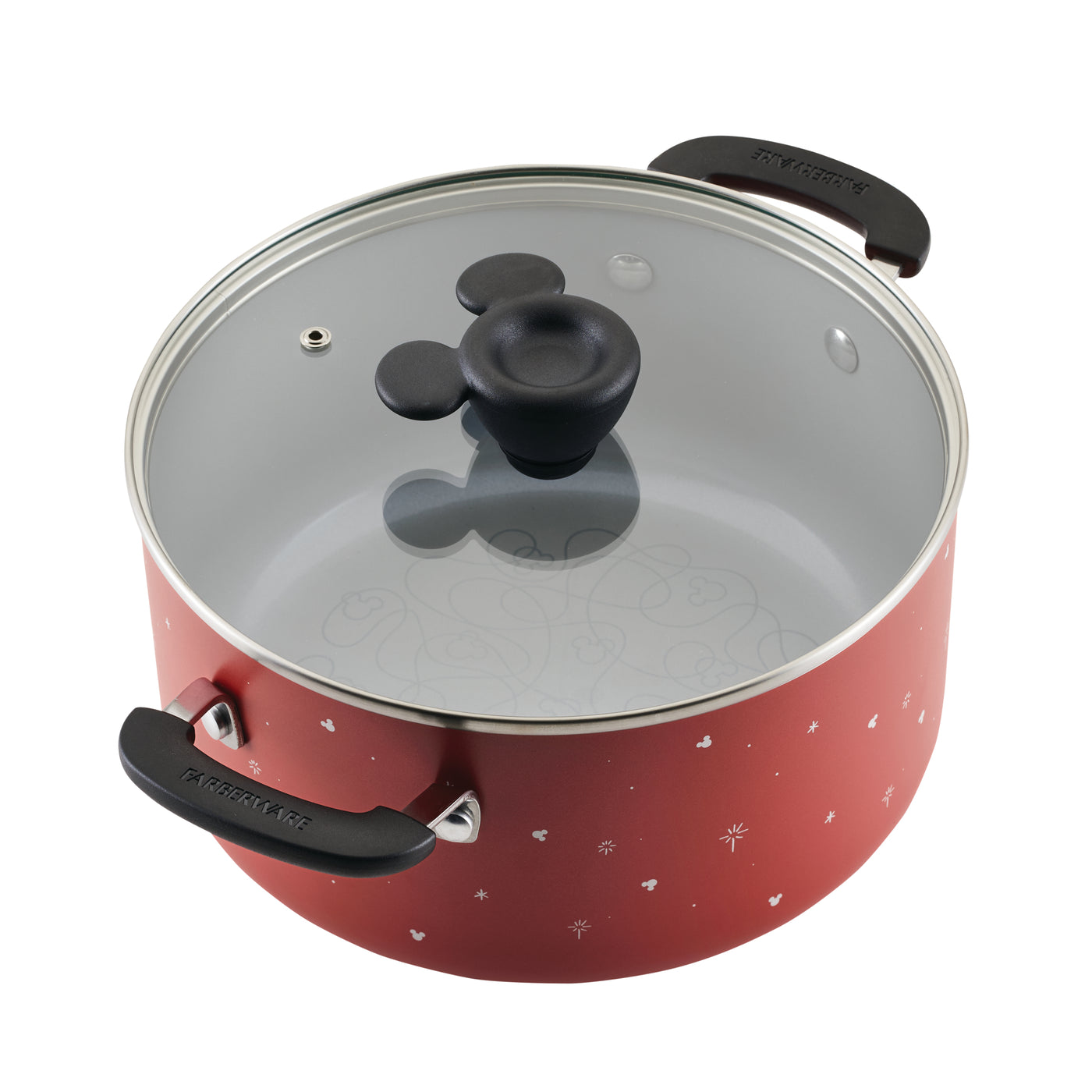 The Bon Voyage 5.5-Quart Ceramic Nonstick Stockpot with Lid in red infuses playful vibrancy into your kitchen, combining style and functionality with its glass lid and black handles. It's a delightful addition to the ceramic nonstick cookware collection that even Disney's iconic Mickey Mouse would appreciate.