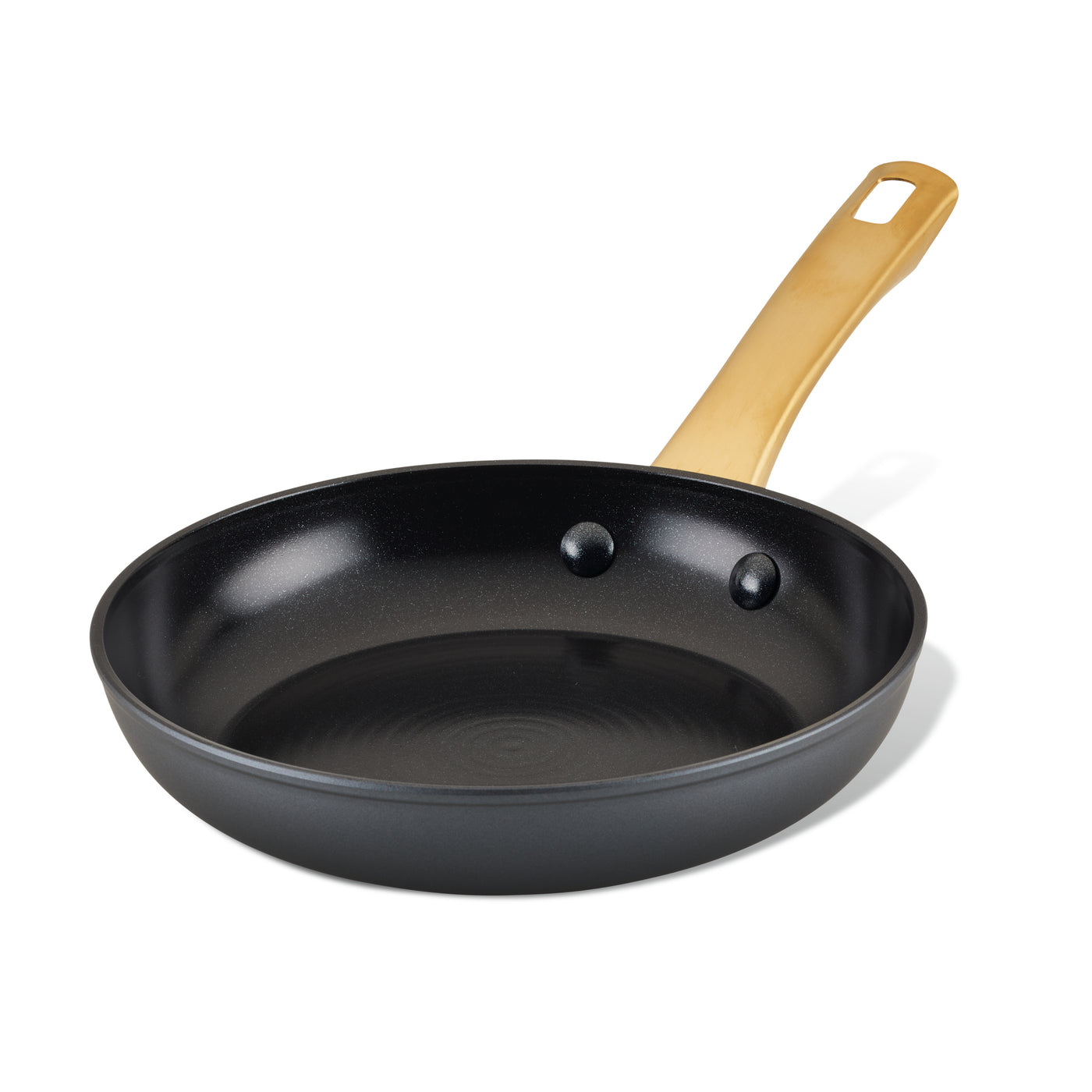The Forged Induction Ceramic 8.25-Inch Frying Pan, featuring a sleek wooden handle and crafted from durable forged aluminum, is displayed on a plain white background.