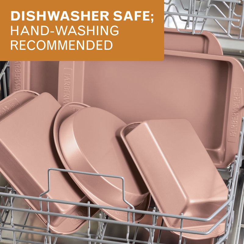 Dishwasher safe; hand-washing recommended: rose gold round and rectangular baking pans in a dishwasher rack