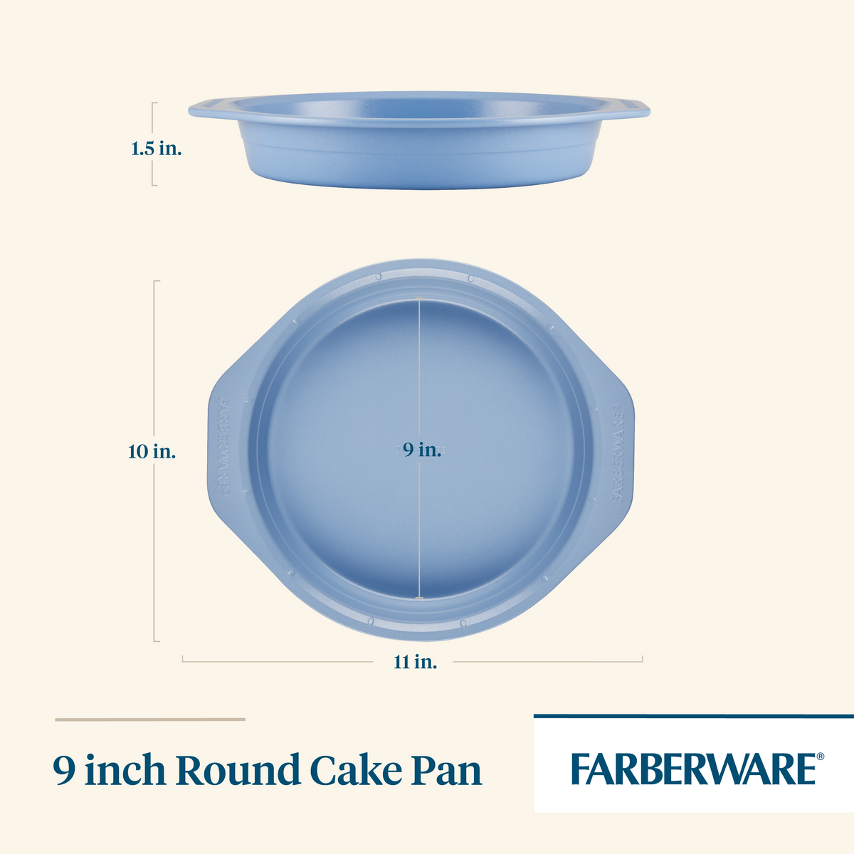 Blue 9-inch round cake pan, 1.5 inches deep, by Farberware.