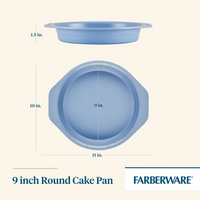 Blue 9-inch round cake pan, 1.5 inches deep, by Farberware.