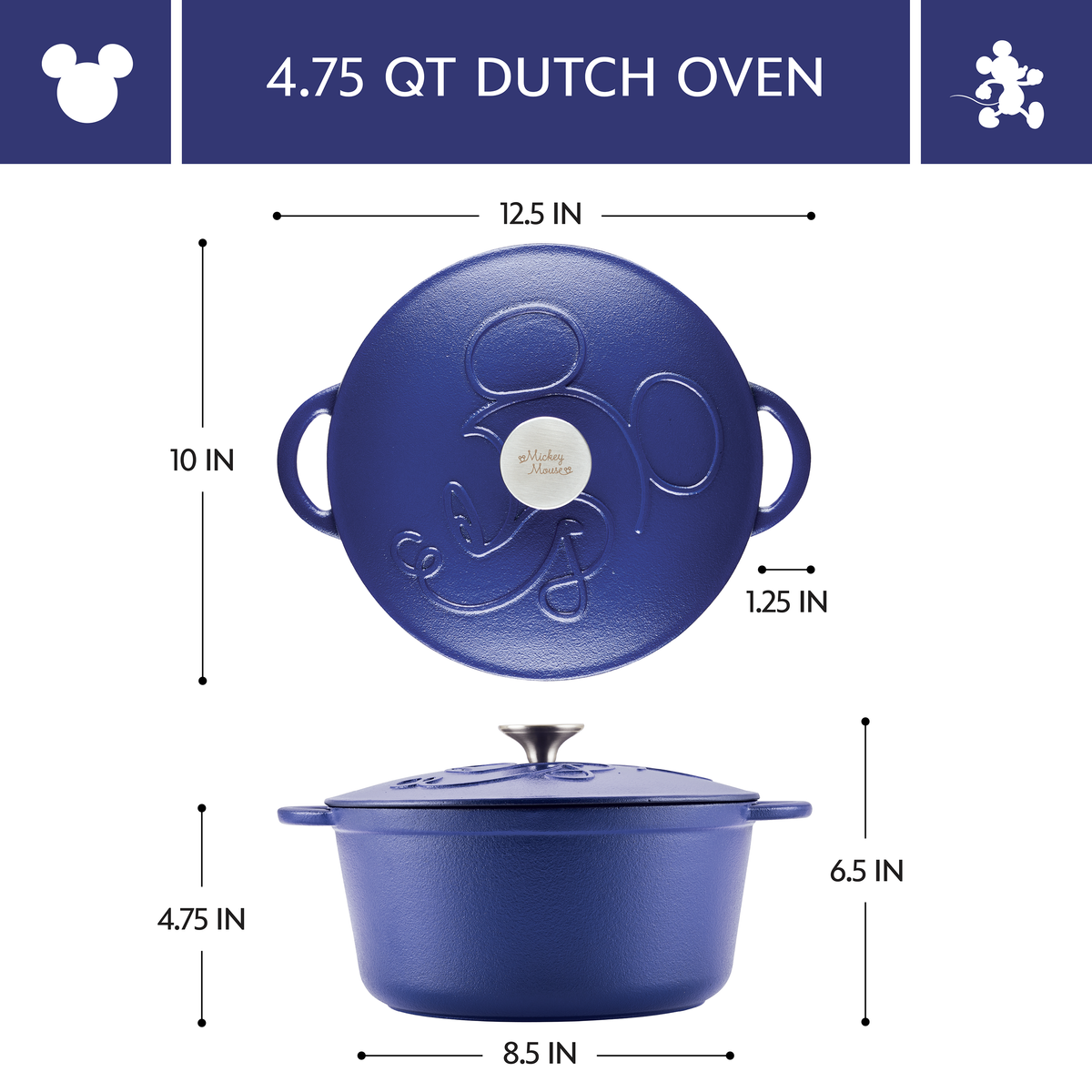Blue Dutch oven with lid, shown with dimensions and a Mickey Mouse design.