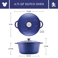 Blue Dutch oven with lid, shown with dimensions and a Mickey Mouse design.