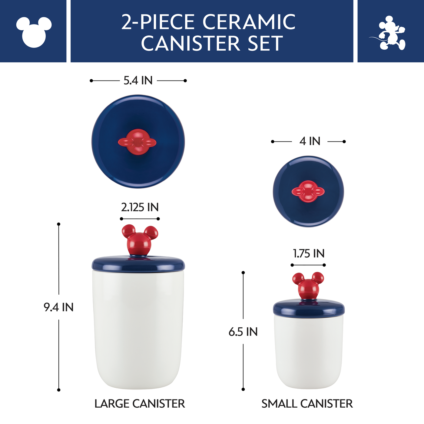 Explore the delightful Bon Voyage 2-Piece Ceramic Jar Set, showcasing playful measurements and red handle details that capture Disney Mickey Mouse's iconic style.