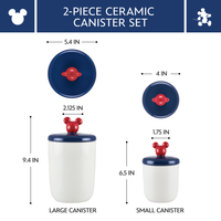 Explore the delightful Bon Voyage 2-Piece Ceramic Jar Set, showcasing playful measurements and red handle details that capture Disney Mickey Mouse's iconic style.